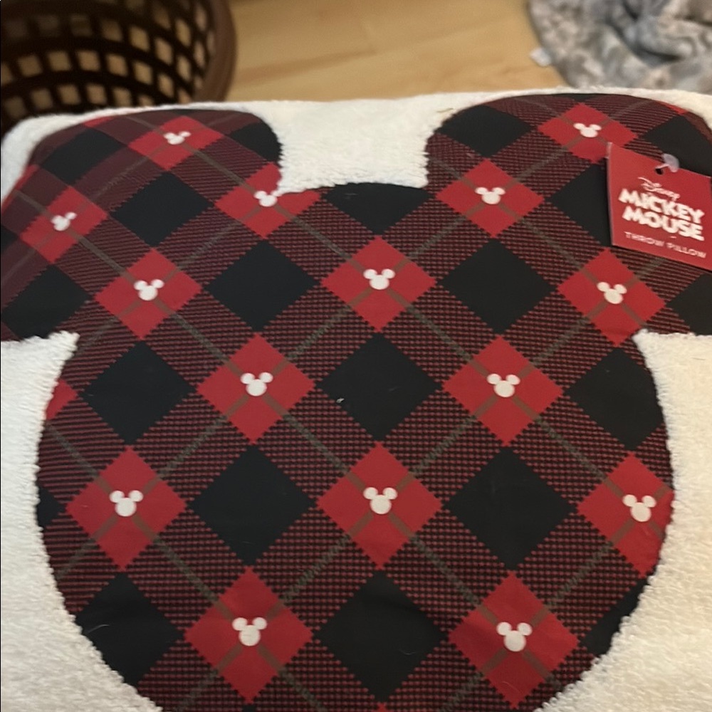 Disney Mickey Mouse Red and Black Plaid Pillow 16x16 inches